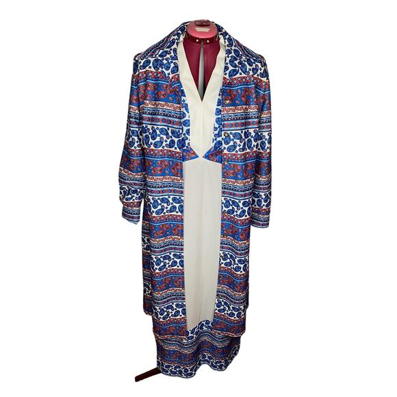 Vintage Dresses & Skirts - maxi dress with patterned yoke boho with coat 70s Vintage white blue red